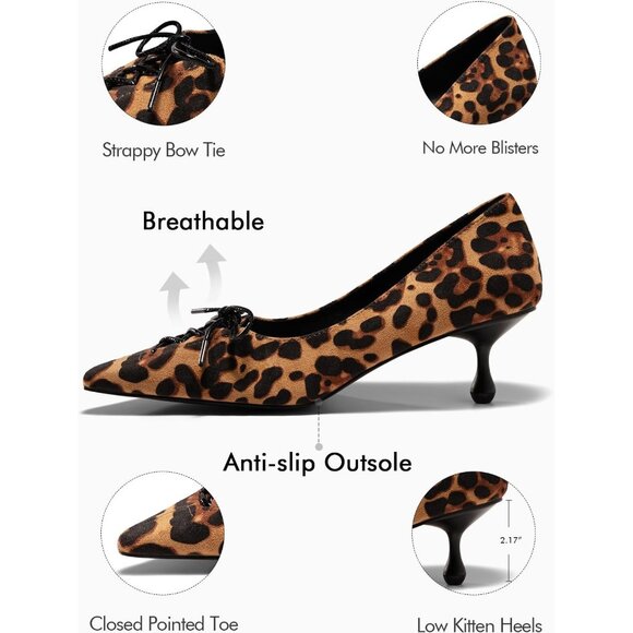 🆕Women Leopard Faux Leather Kitten Heels Bow Slip On Dress Pumps Shoes - Picture 4 of 7